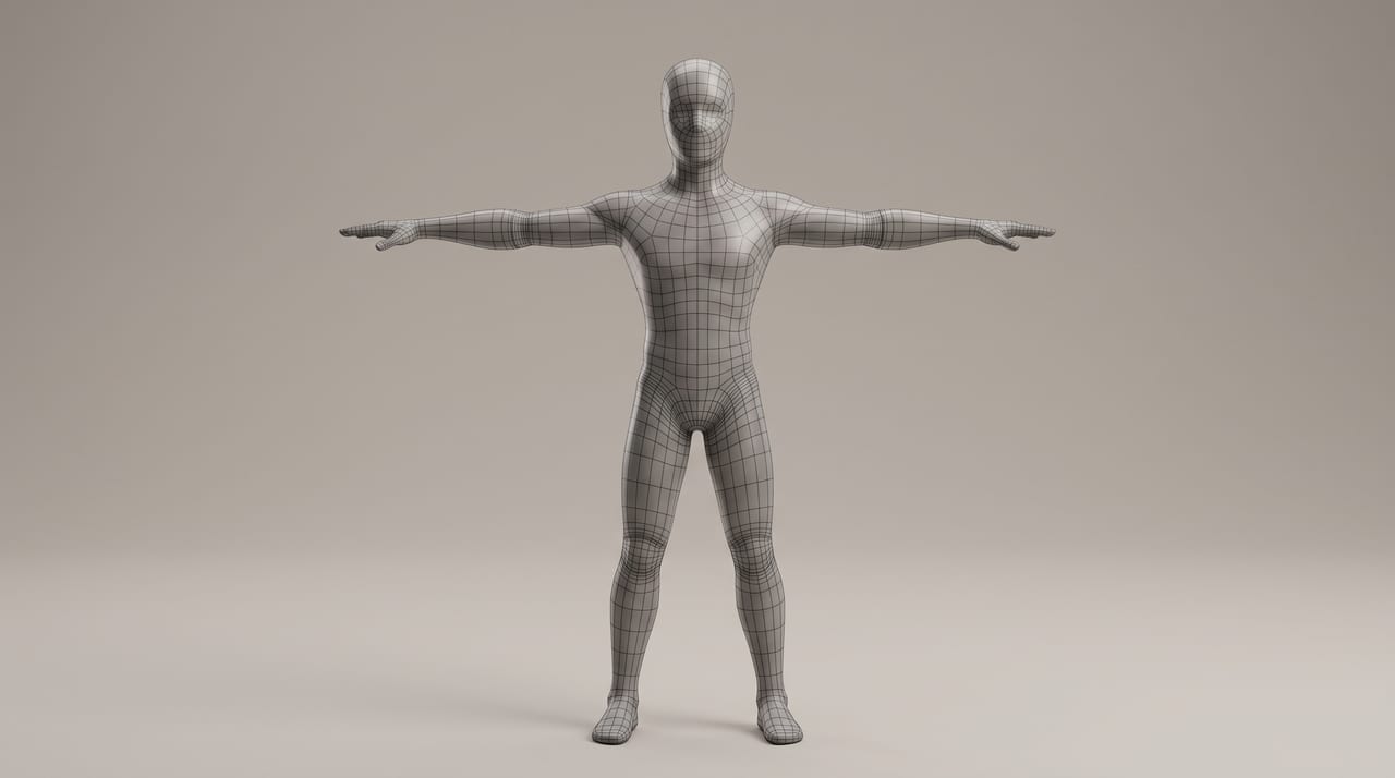 Temiz bir T-pose'da duran, quad wireframe'i görünür bir oyun karakteri mesh'i; doğru deformasyon için omuz, dirsek, kalça ve diz eklemlerinde yoğunlaşan edge loop'ları gösteriyor