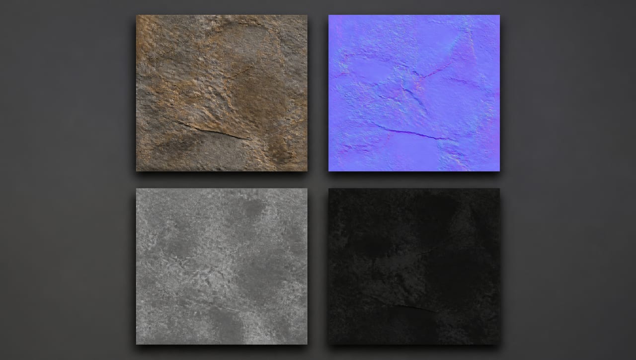 Yıpranmış bir taş malzeme için yapay zeka ile üretilmiş bir PBR doku seti, kanallarına ayrılmış halde: tam renkli taban renk, mor bir normal map, gri tonlamalı bir roughness haritası ve neredeyse siyah bir metalik harita