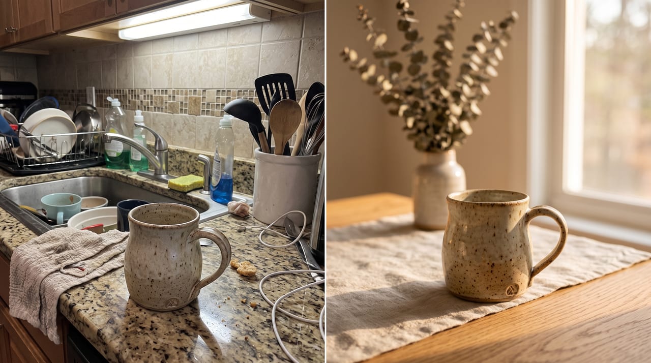 Etsy için AI ürün fotoğrafı: el yapımı seramik bir kupanın dağınık tezgâhta çekilmiş sade telefon karesi ile aynı kupanın sıcak, doğal ışıklı keten-ahşap sahnede kurgulanmış hali