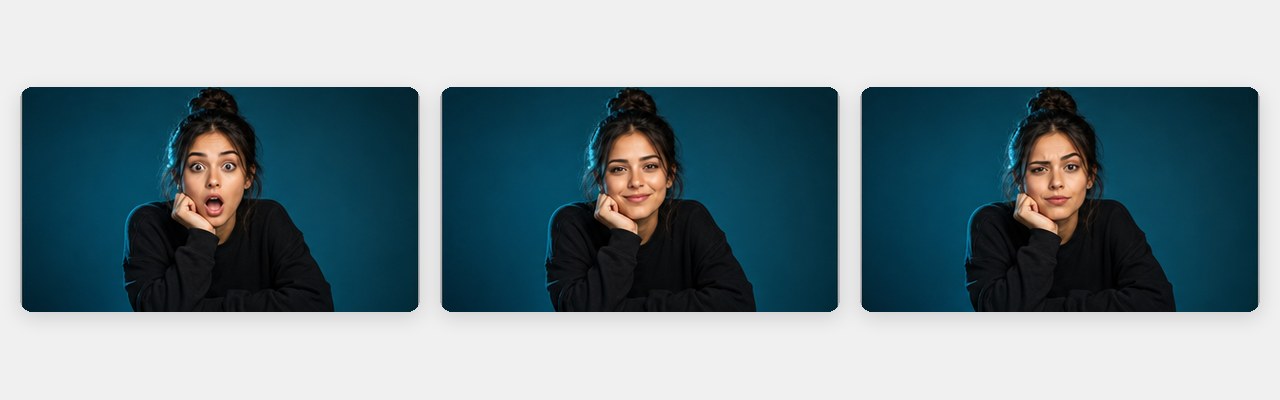 Aynı çerçevelemede, yalnızca yüz ifadesiyle ayrışan, A/B testine hazır aynı içerik üreticinin üç AI üretimi YouTube thumbnail varyantı.