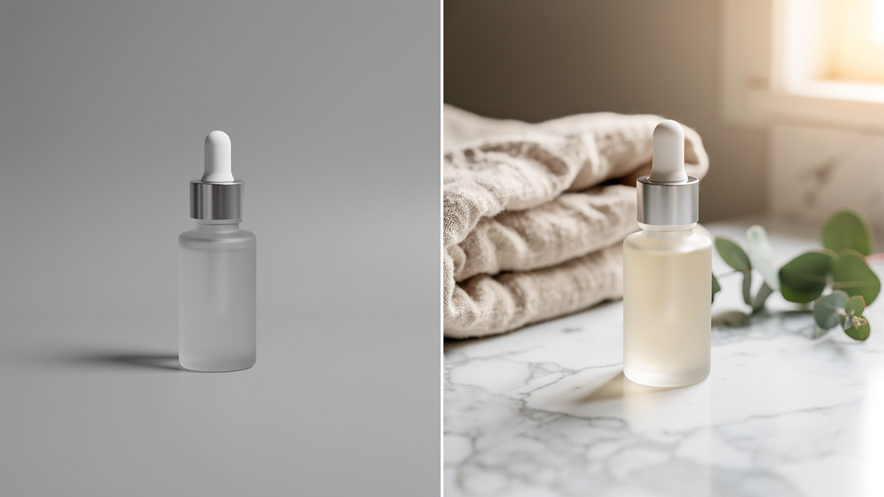 A plain product photo on a gray background beside the same product restyled into a warm, sunlit lifestyle scene generated with AI