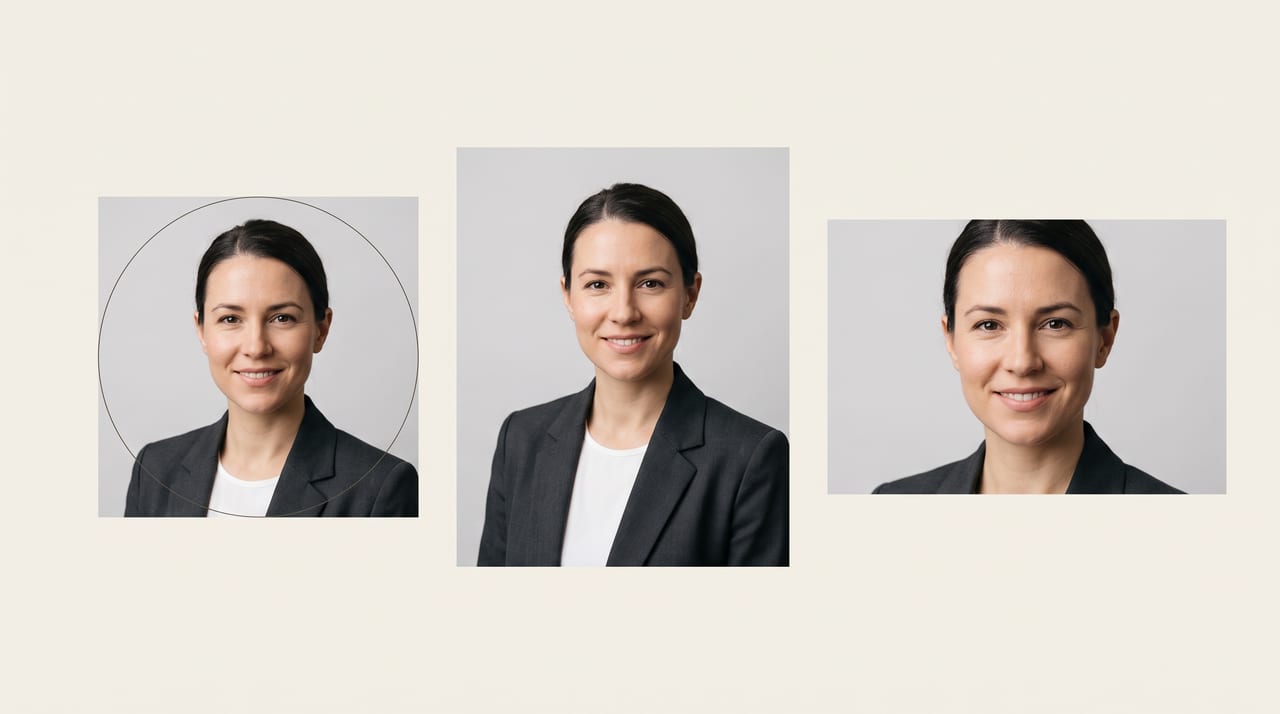Yapay zeka portresi platform kırpmaları: aynı kadının bir stüdyo portresi, dairesel bindirmeli kare avatar kırpması, daha uzun 4:5 CV kırpması ve e-posta imzası için geniş 3:2 kırpması olarak gösteriliyor