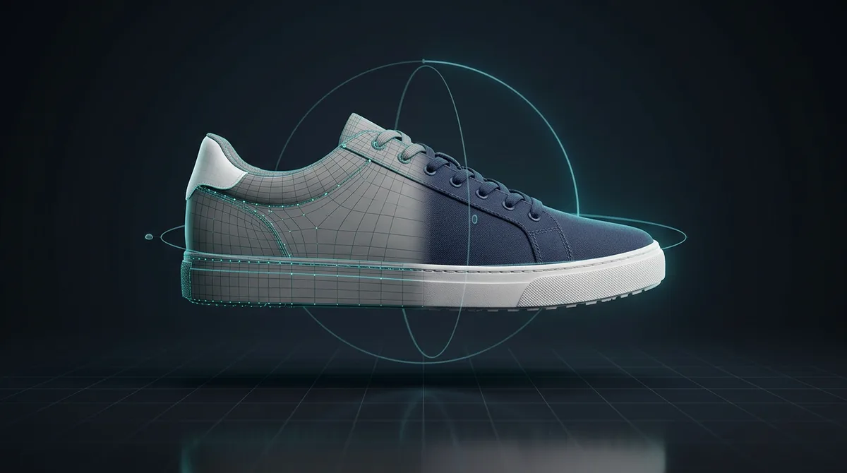 AI-generated 3D model: a sneaker shown half wireframe, half textured