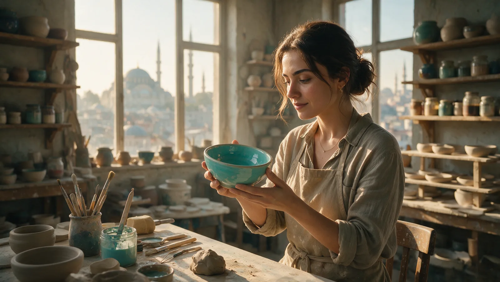 Image generated with Seedream 5 Pro: a ceramic artist examining a turquoise glazed bowl in a sunlit Istanbul studio